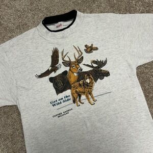 Vintage Copper Harbor Michigan Tshirt Wolf Deer Eagle Bear Nature Men XL USA 90s